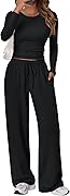 Trendy Queen Women's 2 Piece Matching Lounge Set Long Sleeve Side Ruching Top Wide Leg Drawstring Pants Set with Pockets