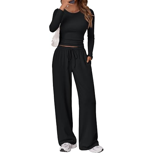 Trendy Queen Women's 2 Piece Matching Lounge Set Long Sleeve Side Ruching Top Wide Leg Drawstring Pants Set with Pockets