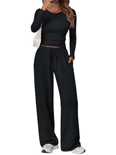 Trendy Queen Women's 2 Piece Matching Lounge Set Long Sleeve Slightly Crop Top Wide Leg Pants Casual Sweatsuit - Black - X-Large