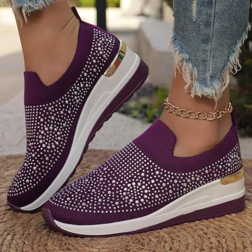 Orange Sneakers Women,Glitter Rhinestone Sneakers for Women,Sparkly Tennis Platform Wedge Shoes,Rhinestone Mesh Slip-On Breathable Bling Tennis Shoes2