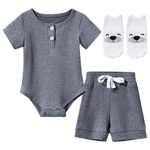 Image of keaiyouhuo Newborn Baby Boy Girl Clothes Bodysuit Romper Tops + Pants Fall 2PCS Long Sleeve Solid Outfit (Premium Grey, 0-3 month)