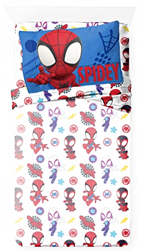 Image of Jay Franco Kids Sheet Set with Fitted, Flat Sheets & Pillow Cover - Ultra-Soft Bedding with Pillowcase for Room Decor, White - Spidey & Friends, 4 Piece Full