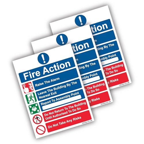 Stcky Fire Action Notice Sign (Pack of 3) - 20 x 15 cm Premium Vinyl Sticker Fire Signs | Fire Signage- Durable Self Adhesive UV resistant & Waterproof Health and Safety signs