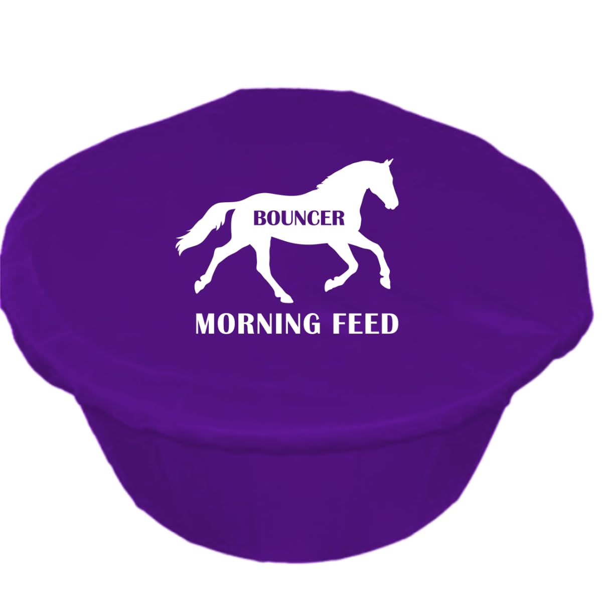 Personalised Horse Feed Bucket Covers, Multi-Coloured, Morning and Teatime Feed Design or Custom Text (White Vinyl, Purple)