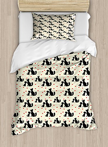 Ambesonne Red and Black Duvet Cover Set, Black Dog and Cat Silhouettes with Red Hearts Domestic Animals Pet Love, Decorative 2 Piece Bedding Set with 1 Pillow Sham, Twin Size, Beige Black