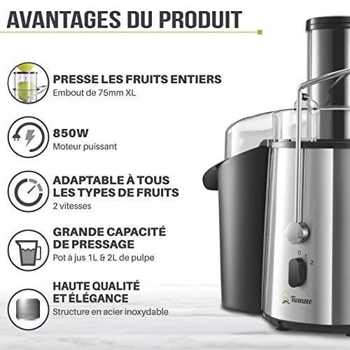 Twinzee Centrifugeuse Extracteur de Jus 850W, Large Bouche (75 mm) - Centrifugeuse Fruits et Legumes, Pieds Anti-Dérapants – Image 3