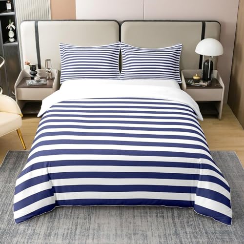 Funda Nordica Cama 150/135 Rayas Azules Funda Nórdica 240x220 Azul Blanco Ropa de Cama de 3 Piezas Microfibra Funda Edredon 220x240 cm y 2 Fundas de Almohada 8035A