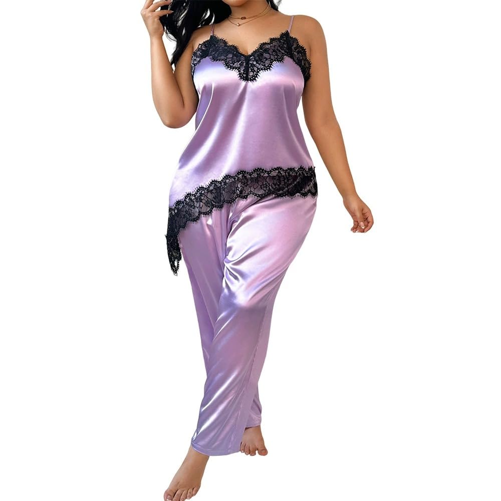 purpleq Sottoveste Taglie Forti Dettagli in Pizzo Spalline Abbigliamento Notte | Il bordo in pizzo trasparente e il tessuto drappeggiato creano una silhouette romantica e chic