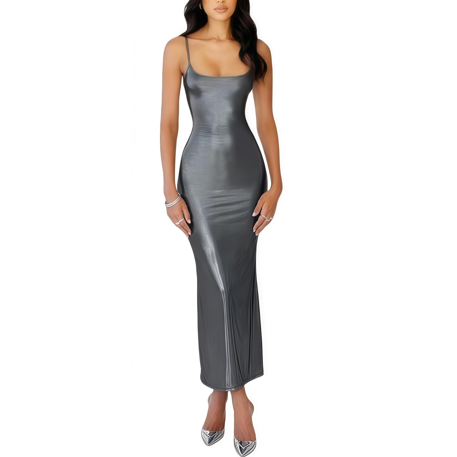 Women's Shiny Long Evening Dress, Spaghetti Strap Metallic Ruched Bodycon Maxi Dress, Sleeveless Backless Sparkly Long Pencil Cami Formal Dresses, Solid Elegant Scoop Casual Bridesmaid Party Dresses