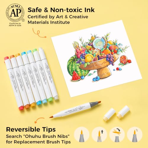 Image of Ohuhu Alcohol Markers 120 Colors Brush& Soft Chisel for Adult Cozy Coloring | AP Certified Refillable Alcohol-based Ink, Drawing Markers for Artists Beginners Coloring Illustration Sketching, Honolulu 2S