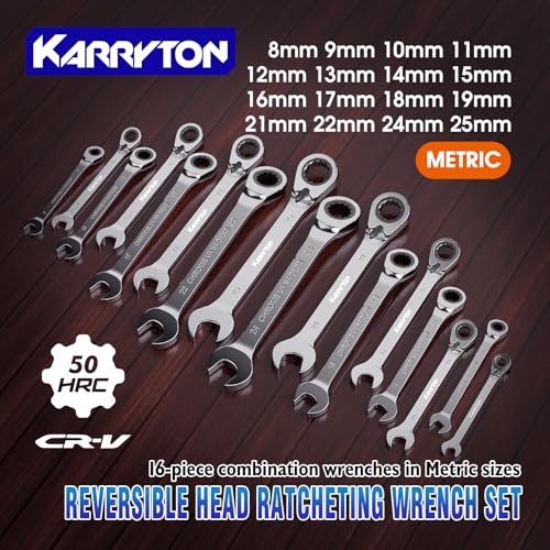 Image of 16-piece Reversible Ratcheting Wrench Set Metric 8-25mm, 72 Teeth Ratchet Combination Wrenches Set with Rolling Bag, Cr-V Steel, Chrome Plating Handle with Blackened Ratchet