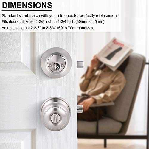Knobonly 2 Sets Keyed Alike Entry Knob And Deadbolt Set Satin Nickel, Double Cylinder Handleset Combo Pack(For Entrance Exterior Gate And Front Door #TOP4