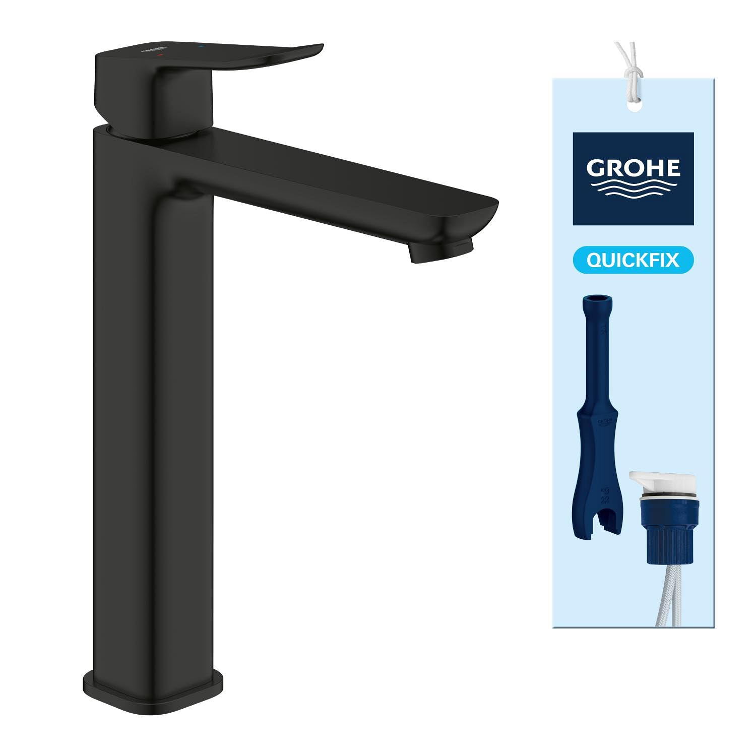 GROHE Dice Grifo de Lavabo XL Cuerpo Liso para Lavabos Exentos (Cartucho Cerámico 28 mm, Ahorro de Agua, Conexiones 3/8", Fácil de Instalar QuickTool Incluido), Negro Mate, 1018922430