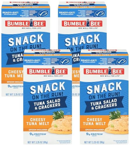 Image of Bumble Bee Snack On The Run Cheesy Melt Tuna Salad with Crackers Kit - Ready to Eat Protein Snack Pack - 9g Protein per Box - Wild Caught MSC Certified Tuna (Pack of 4)