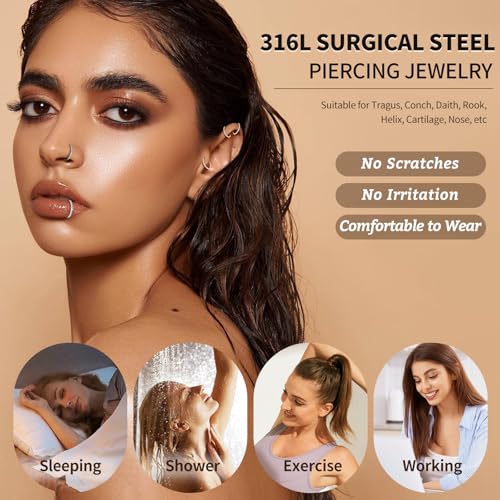 2PCS 20G 18G 16G Nose Ring Cartilage Hoop Earring Stainless Steel 4Colors Choose Hoop Earrings Hinged Summer Sparkle Septum Hoops Daith Conch Helix Tragus Piercing 6mm/7mm/8mm/9mm/10mm3