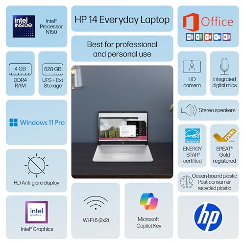 Image of HP 14 inch Laptop Ultra-Portable Computer 2026 Student Business, MS Office, Copilot AI, Intel 4-Core CPU, 4GB RAM, 628GB Storage (128GB UFS+500GB Ext), Long Battery, MaxsolAccessory, Win 11 Pro, Silver