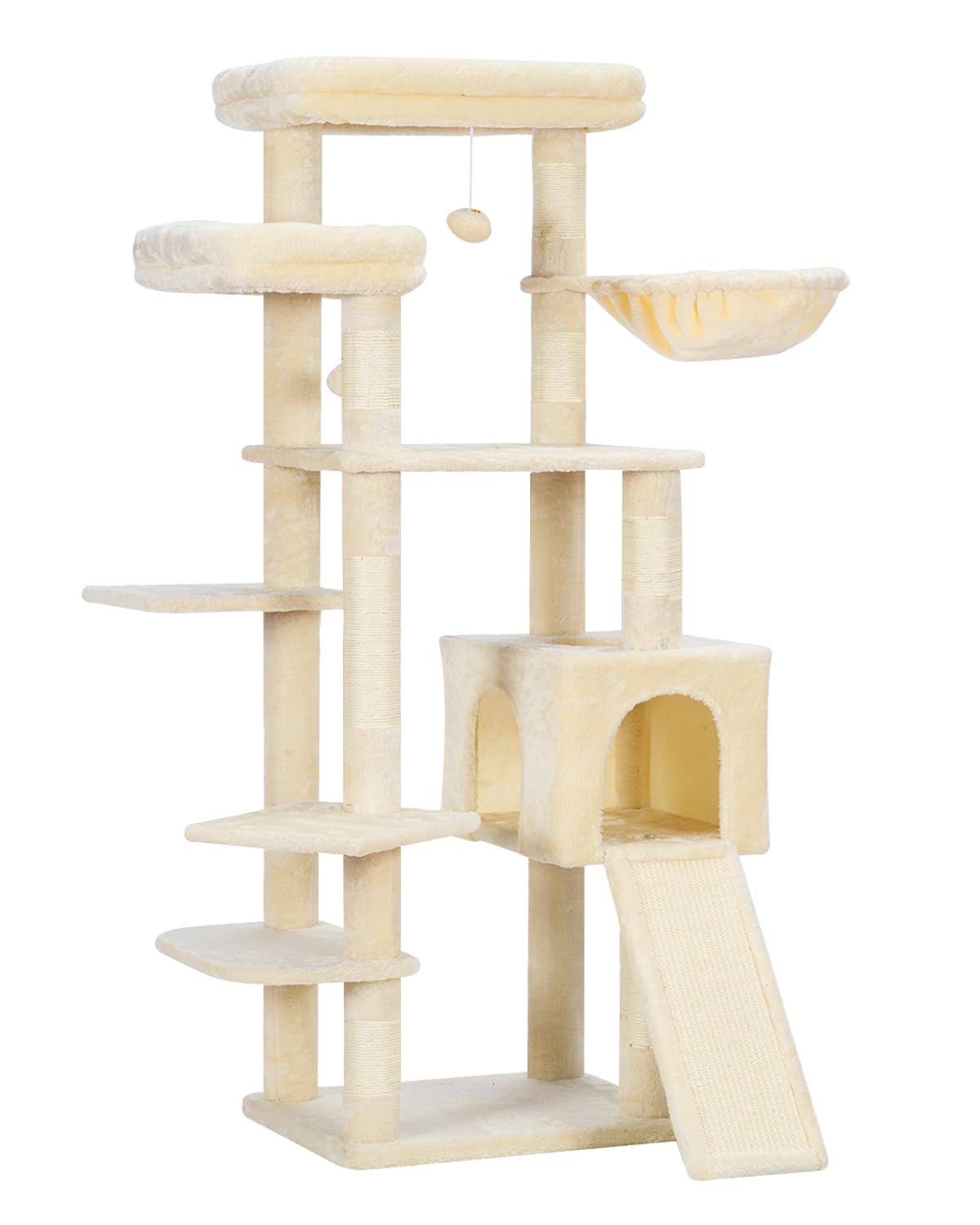 Hey-brother Kratzbaum, Stabil 159 cm Katzenbaum mit 2 Große Plattform, Großer Kratzbrett, Korb und Haus, Beige EMPJ029M