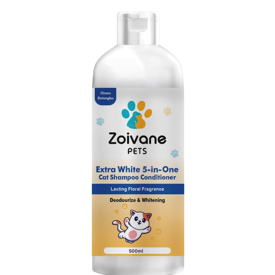 ZOIVANE 5 in 1 Extra White Cat Shampoo with Conditioner (200ml) | Reduces Hair Fall | Enhances Coat Brightness | Ideal for Persian Cats, Kittens, and All Breeds (Pack of 1)