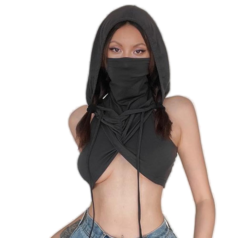JasmyGirlsWomen's Sleeveless Hooded Crop Top Y2k Streetwear Rave Outfit