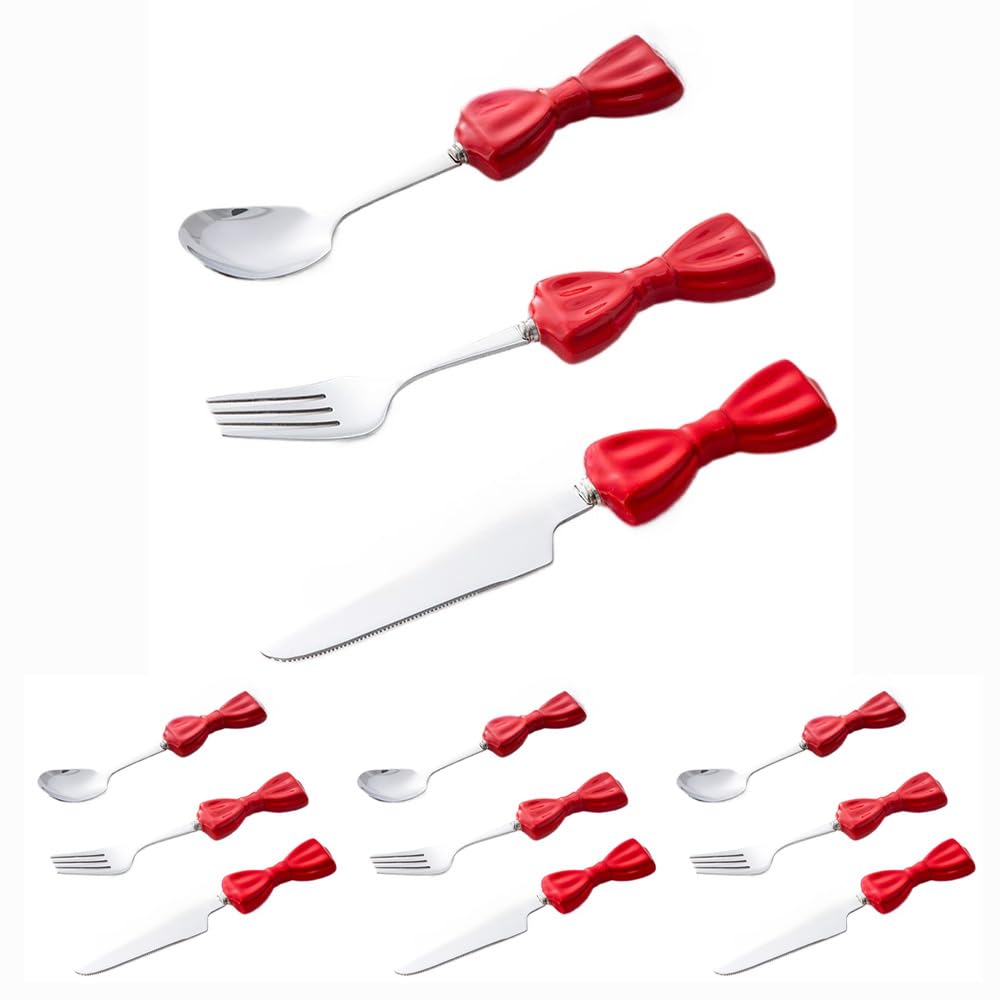 Bowknot Ceramics Handle Kitchen Stainless Steel Silverware Tableware Flatware Cutlery Set Steak Knife Fork Spoon Teaspoon (Red,12 pieces)