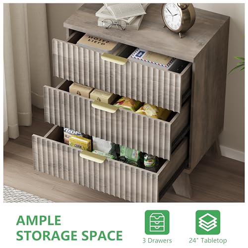 Image of Xixini Fluted Dresser for Bedroom with 3 Drawers, 24 inch Wide Modern Chest of Drawers with Metal Handle, Wooden Dresser TV Stand, Wood Closet Clothes Storage Organizer for Living Room, Hallway, Grey