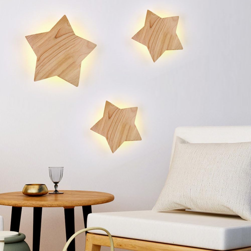 Drewniana Lampa Ścienna LED Wewnętrzna Lampka do Pokoju Dziecięcego Gwiazda Dekoracyjna Lanca Ścienna O Drewnianym Wyglądzie Lampka Nocna Ciepłe Białe Światło Chłopiec Dziewczynka,22CM