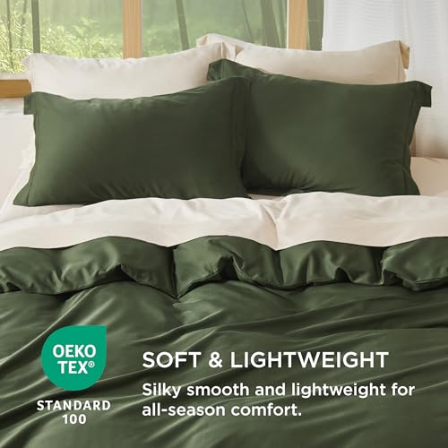 Bedsure Silky Cooling Duvet Cover King Size - Lightweight 100% Rayon Derived from Bamboo Comforter Cover Set for Hot Sleepers, Breathable & Moisture-Wicking Bedding Set, Olive Green
