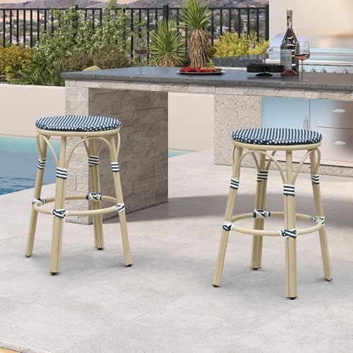 Image of PURPLE LEAF Outdoor French Round 30 inch Bar Stool Set of 2 Large Handwoven Wicker Backless Barstool White Print Aluminum Frame for Patio Kitchen Island Pool Bistro Rattan Chairs Deep Blue