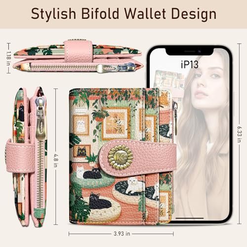 Image of Kelvoris Cute Lovely Black Cats Small Rfid Women Wallet Zipper Coin Pocket | Bifold PU Leather Compact Cash Travel Purse Credit Card Holder for Female Ladies Teen Girls 1 ID Window 10 Card Slots