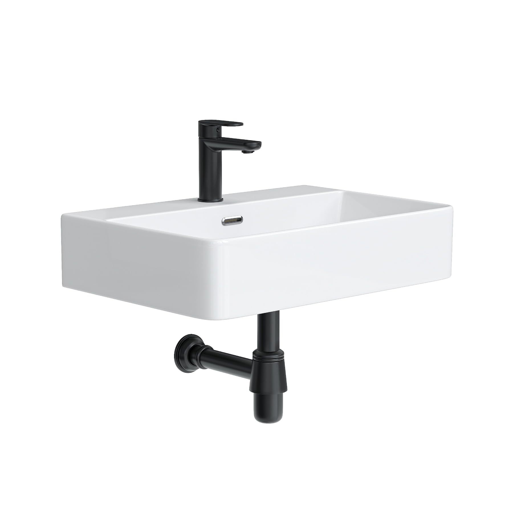 Lavabo de baño de 60 cm de ancho, lavabo superior con orificio para grifo y rebosadero, cuadrado, montado en la pared o en la pared, sin grifo