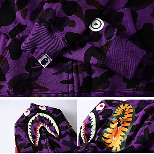 Surbieibg Shark Full Zip Up Hoodie, Purple Camo,Purple - Image 5