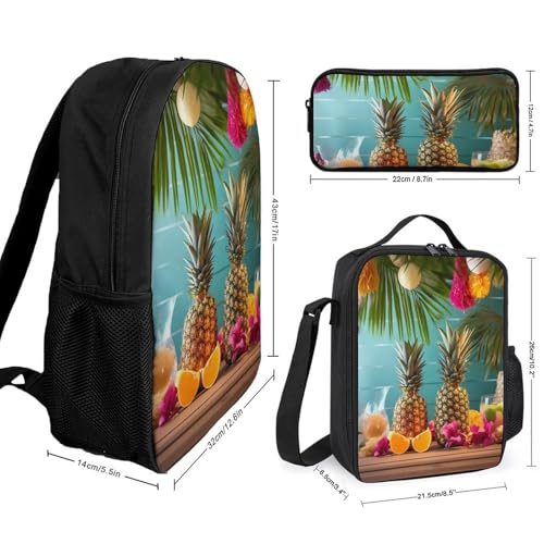 3 Piece Backpack for Women Men Lightweight Causal Daypack Shoulder Bag Set with Insulated Lunch Bag And Pencil Case Organizers Tropical Party2