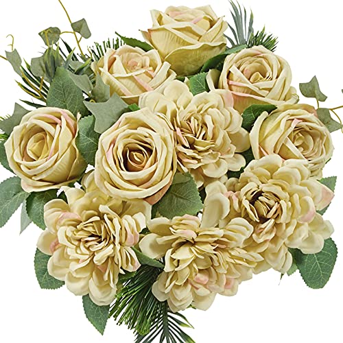 14 Heads Artificial Roses ​Flowers Bouquets, Silk Roses Flowers, Fake Roses Dahlias Flowers Arrangements, Faux Floral for Home Office Wedding Party Decoration by LA.PONEE(Dusty Yellowish Green)