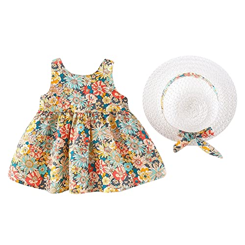 Baby Girl Summer Dress Floral Print Bowknot Backless Princess Birthday Party Dresses Toddler Sleeveless Flower Dress With Straw Hat Hawaiian Beach Boho Sundress Yellow-Colorful Flower 18-24 Months #TOP1