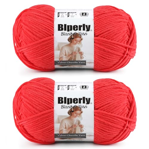 Image of Skinny Chenille Yarn for Crocheting, #2 Red Thin Baby Blanket Plush Yarn | 2 Pack of 158 Yds, 1.7 Oz Sport Fingering Weight Fine Yarn, Soft Fluffy Velvet Yarn for Crochet knitting Blankets, Amigurumi