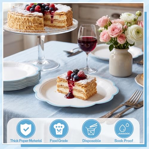 Image of NatNarr 30 Pcs Blue and White Plates 9 Inch Paper Plates with Blue Trim | Scalloped Dinner Plate Disposable Summer Plate for Baby Shower, Wedding, Bridal Shower, Birthday