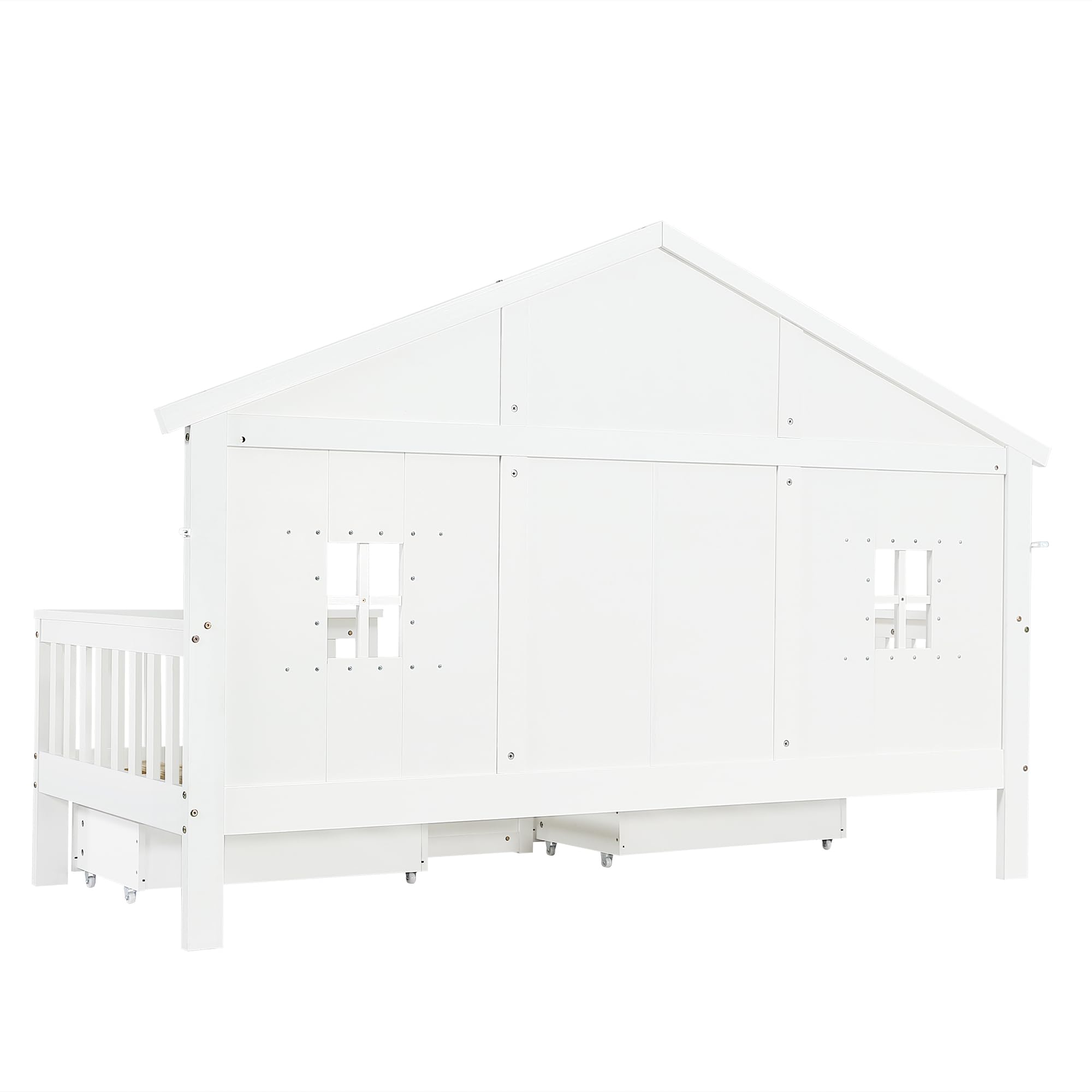 Letto Casetta per Bambini Ragazzi 90x200cm con 2 Cassetti, Letto a Forma di Casa con Finestre e Tetto, Rete a doghe, Struttura letto in pino (Senza Materasso)