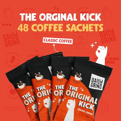 Image of DAILYGRIND Classic Instant Coffee Sachets 2 g Each - Pack of 48 | Freeze-Dried Arabica Coffee Granules with Free Jar | Perfect for Mochas, Espresso, Cappuccino, Latte, Frappes | Hot & Cold Brews 96 g