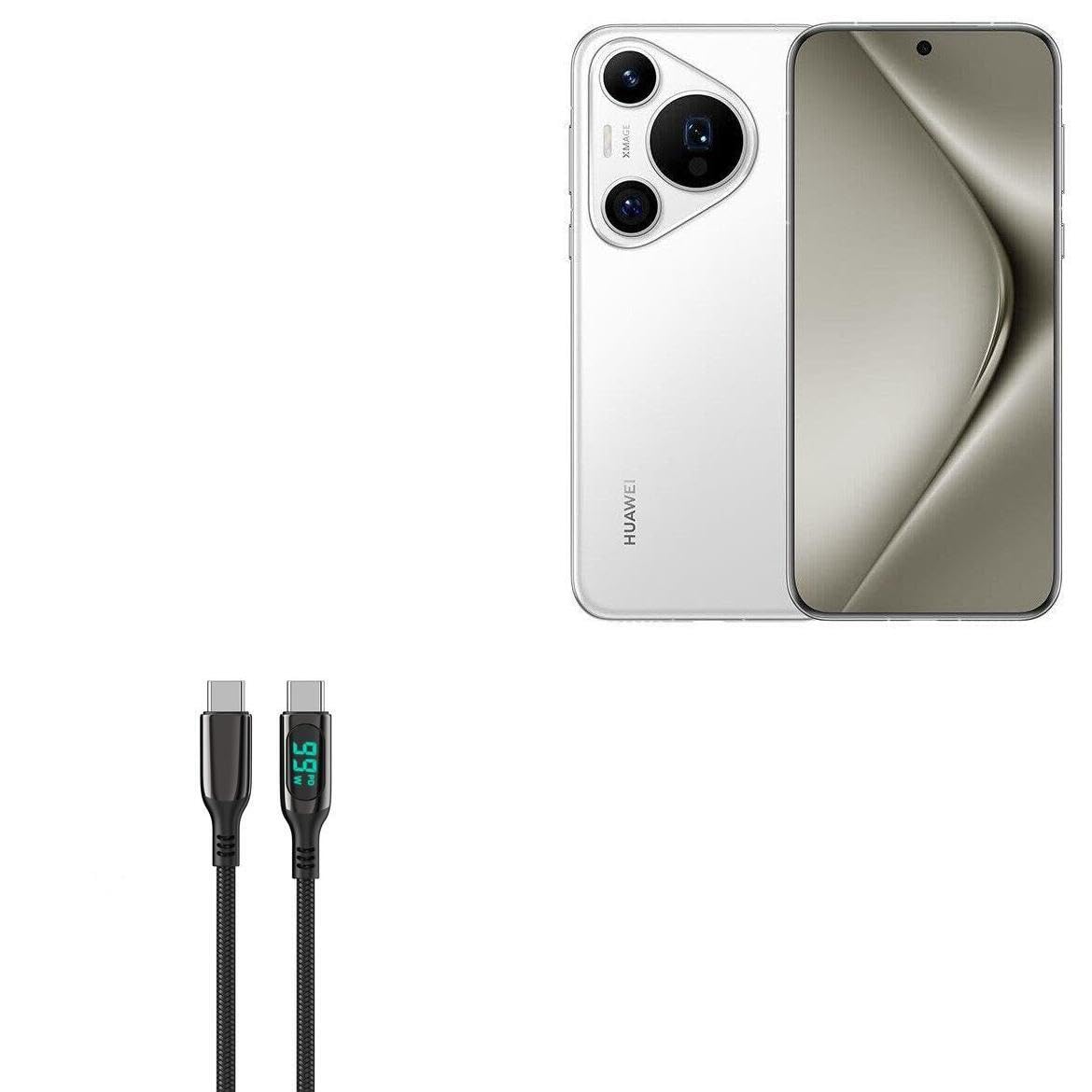 BoxWaveCable Compatible with Huawei Pura 70 Pro+ - PowerDisplay PD Cable (6ft) - USB-C to USB-C (100W), LED Display 6 Foot PD Braided Nylon Cable - Jet Black