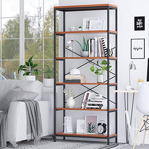 BATHWA Tall Bookshelf Mordern Wood Metal Open Industrial Book Shelves Bookcase Shelving Unit Storage System 5 Tier