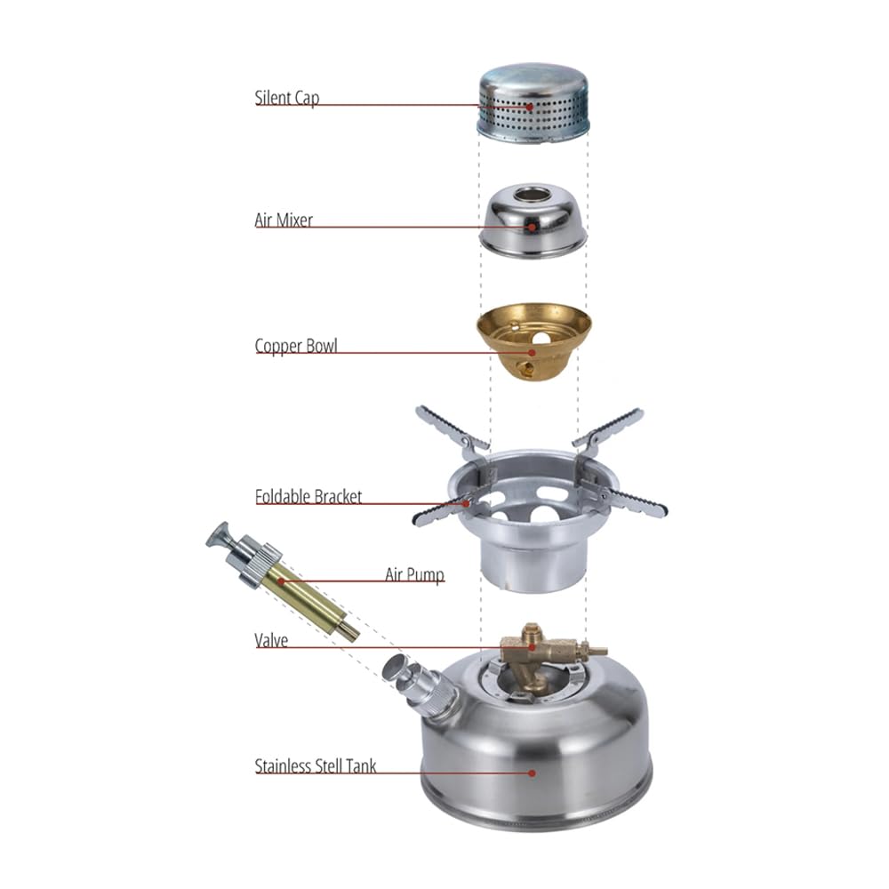AG53 - Estufa de gasolina para exteriores, estufa de aceite de camping, mini estufa portátil integrada, adecuada para senderismo, viajes en motocicleta, mochileros, acero inoxidable de