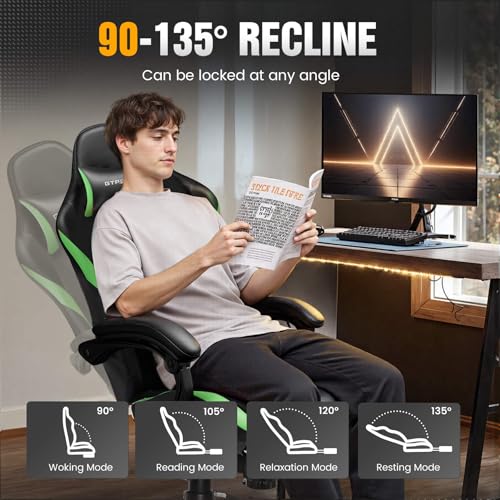 Image of GTPLAYER Gaming Chair with Pocket Spring Cushion, Leather Office Chair with Ergonomic High Back & Lumbar Support for Back Pain Relief, Computer Game Chair for Adults, Grass Green