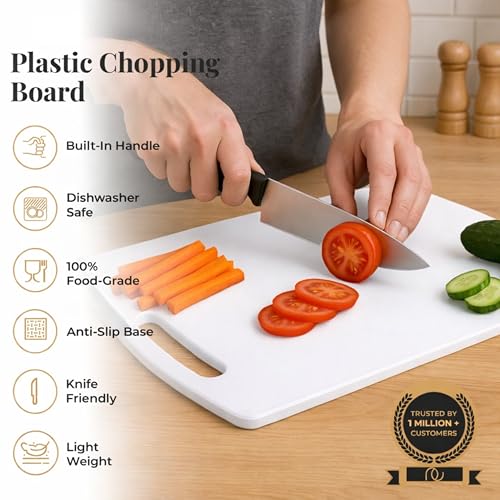 Image of SNKM - Chopping Cutting Board Plastic | with Handle | for Vegetables, Fruits, Meat, Fish, Cheese & Bread | Premium Food Grade, 100% BPA-Free, Dishwasher Safe | Medium, White, Set of 1