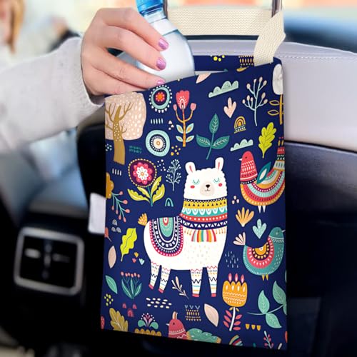 Image of Car Trash Bag Hanging No Snap Small Garbage Bag for Car Back Seat Cute Printed One-handed Strap Trash Bags Car Accessories-Navy Alpaca Car Trash Bags