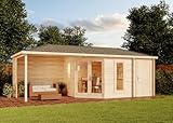 Alpholz 5-Eck Gartenhaus Liwa mit Anbau aus Holz in Naturbelassen mit 28mm Wandstärke und Überdachter Terasse