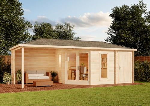 Alpholz 5-Eck Gartenhaus Liwa mit Anbau aus Holz in Naturbelassen mit 28mm Wandstärke und Überdachter Terasse Alpholz 5-Eck Gartenhaus Liwa mit Anbau aus Holz in Naturbelassen mit 28mm Wandstärke und Überdachter Terasse
