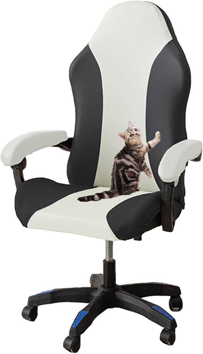 YOPOIY Gaming Chair Cover Cat Scratch Proof Waterproof, PU Leather Computer Chair Cover with Armrest Covers Stretch Rotating Chair Slipcovers (4,one size)