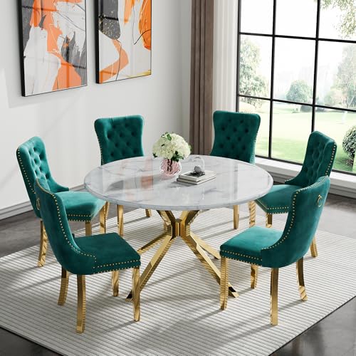 Image of 7-Piece Round Dining Table Set for 6, Luxury Faux Marble Kitchen Table Set for 6 with Green Velvet Chairs, 45 inch Circle Dining Room Tables with White Marble Top and Gold Stainless Steel Cross Legs