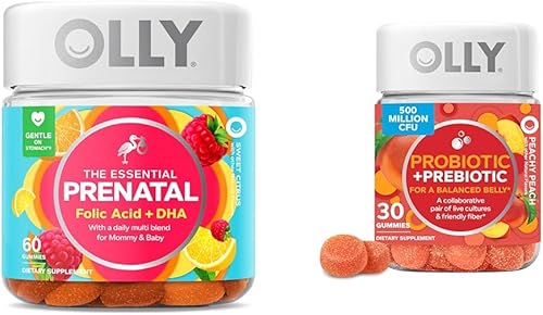 OLLY The Essential Gomitas multivitamínicas prenatales, suministro para 30 días (gomitas), dulce, ácido fólico y probiótico + gomita prebiótica,
