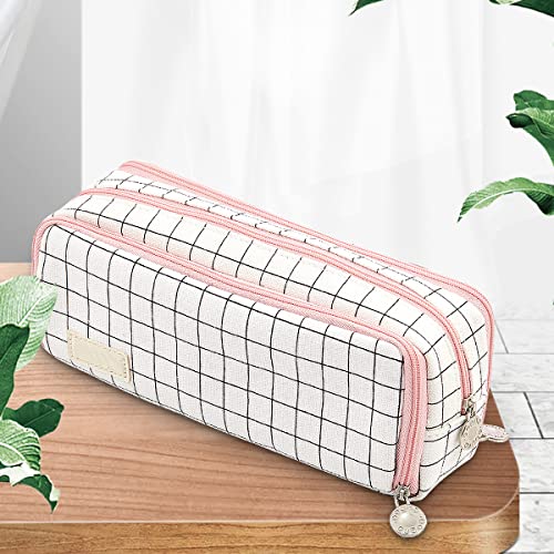Image of MAMUNU Big Capacity Pencil Pen Case, 3 Compartments Large Storage Canvas Pencil Pouch with Zipper, Aesthetic Pencil Pouch For School Students Teen Girls Boys (Pink White)